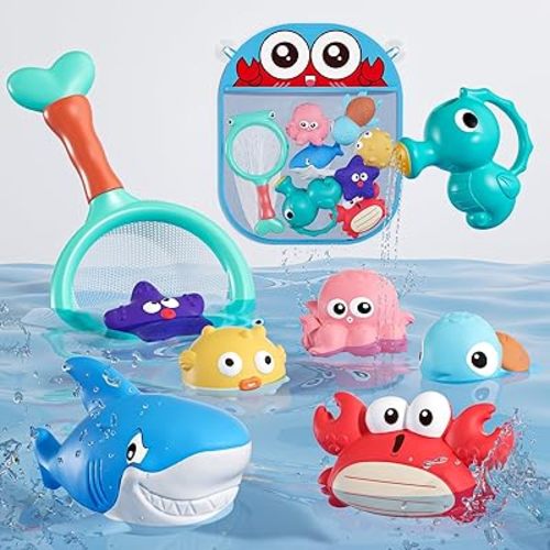 Mold Free Bath Toys for Toddlers No Hole Baby Bathtub Toys with Sea Animals, Seahorse Watering Can, Fishing Net & Storage Bag, Floating Pool Toys for Boys and Girls