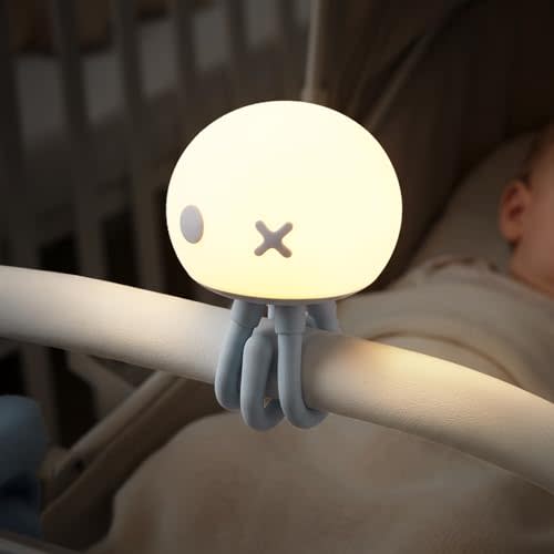 Jellyfish Night Light for Kids Bed Frame - Room Decor & Special Cute Funny Gifts, Rechargeable Baby Nursery Lamp with Soft Silicone Touch Control, Flexible Tentacles, Blue