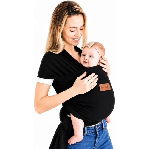 Baby Wrap Carrier - Breathable Cotton Newborn to Toddler Carrier 8-35 lb - Secure Postpartum Baby Holder with Front Pocket by Max&So (Black)