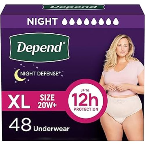 Depend Night Defense Adult Diapers, Incontinence & Postpartum Bladder Leak Underwear for Women, Disposable, Overnight, Extra-Large, Blush, 48 Count (4 Packs of 12), Packaging May Vary