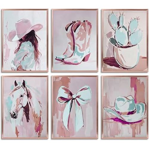 SOUHLP 6Pcs Pink Western Cowgirl Canvas Wall Art, 12x16in