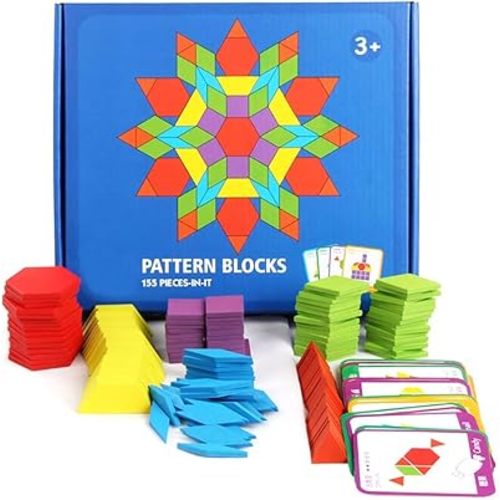 Max-Cool 155 Pcs Wooden Pattern Blocks Set Geometric Shape Puzzle Kindergarten Classic Educational Montessori Tangram Toys for Kids Ages 3-8 with 24 Pcs Design Cards