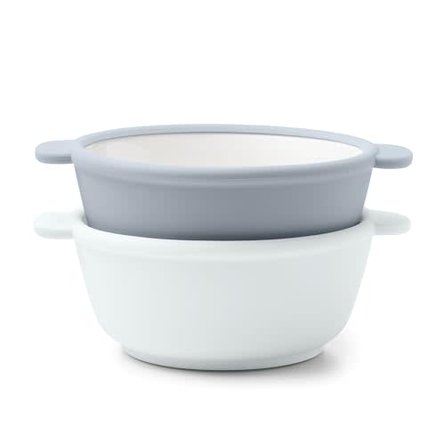 Ello Clean Start Ceramic Toddler Bowls with Sleeves, 2 Pack, Quiet Tide/Tech Blue