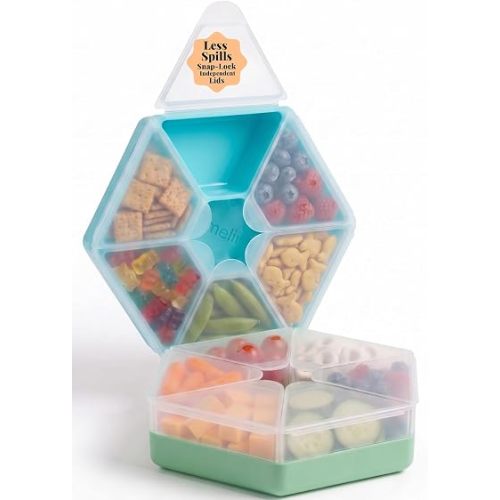 melii Hexagonal Snackle Box | 6 Compartment Snack Container Individual Snap-Lock Lids, Easy-Grip Design Kids & Adults, Portion-Control Food Storage for Lunch, Travel & On-the-Go, 2-Pack Blue & Mint