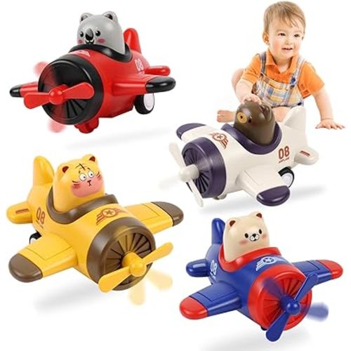 Airplane Toy Cars for Toddlers 1-3 – 4 Pack Press and Go Baby Car Toys, Push Airplanes with Rotating Propellers & Animal Drivers, Safe ABS Friction Cars for Indoor Outdoor Play, Gift for Boys Girls