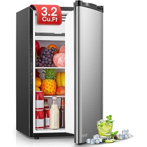 FOHERE 3.2 Cu. Ft Small Refrigerator with Freezer, Compact Mini Fridge with 7 Level Temperature Control, Removable Glass Shelves for Bedroom, Office, Dorm, Stainless Steel, BC-90U-E