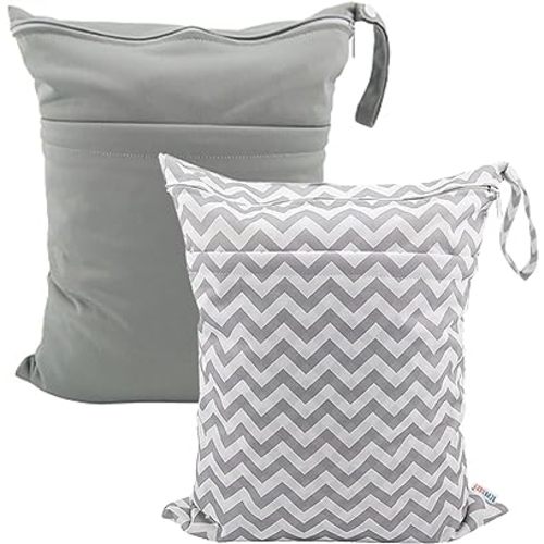 ALVABABY Wet Dry Bags with Two Zippered Pockets 2 Pack Travel Beach Pool Daycare Soiled Reusable Waterproof Yoga Gym Bag for Baby Diaper Swimsuits Wet Clothing Sets Grey Wave