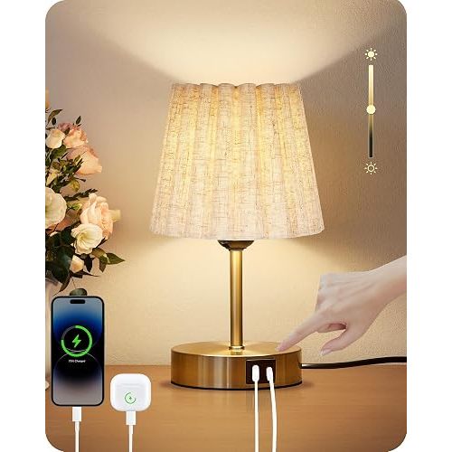 Small Bedside Table Lamp, Touch Dimmable Table Lamp with USB Ports, Nightstand Lamp with a Stepless Dimming LED Bulb, E26 Base, for Bedroom, Study, Desk, Gold and Beige DE16TL05