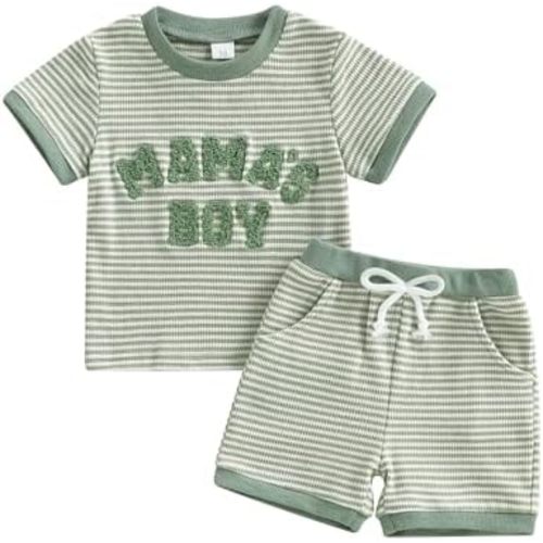 Baby Boy Summer Clothes Mamas Boy Embroidered Waffle Knit Short Sleeve T-Shirt Shorts Set Toddler Striped Outfit