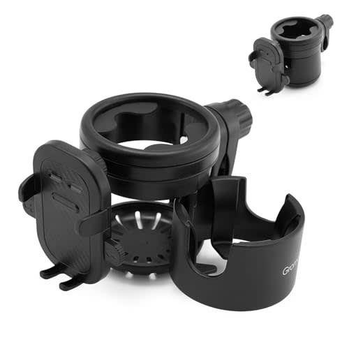 Gromast Universal Stroller Cup Holder with Phone Holder, 3-in-1 Detachable Drink Holder 360° Rotatable, Adjustable Cup Holder for Baby Stroller, Tricycle - Black