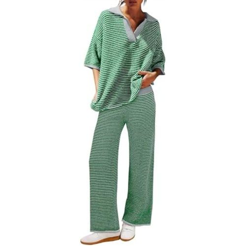 Tankaneo Womens Sweater Set Striped 2 Piece Outfits Oversized 3/4 Sleeve V Neck Knit Tops Wide Leg Pants Fall Lounge Sets