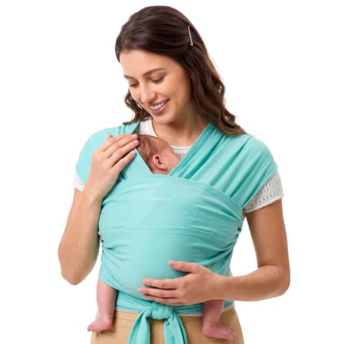 Momcozy Baby Wrap Carrier, Easy-On 2-Piece Design, Newborn to 33 lb | Easy On Like a T-Shirt, XXS-XXL Adjustable Fit, IHDI Hip-Healthy, Lightweight Hands-Free Comfort Baby Sling, Lake Blue