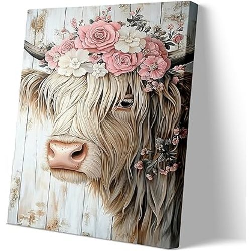 Highland Cow with Pink Flower Crown Canvas Wall Art,Rustic Farmhouse Cow Painting Picture Wall Decor,Cute Farmhouse Animal Poster Print Artwork for Bathroom,Bedroom,Living Room, 12x16 Inch