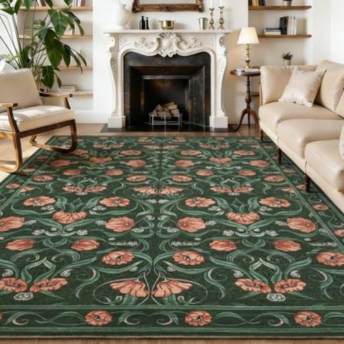 Washable Floral Area Rug, Modern Indoor Rug with Non-Slip TPR Backing, Foldable Flatwoven Pearl Velvet Rug for Living Room (Multiple Colors & Sizes)