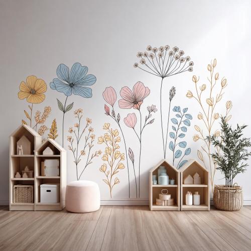 Floral Line Art Wall Decal | Boho Botanical Wall Sticker | Minimalist Flower Mural for Nursery or Kids Room | Large Removable Vinyl Art