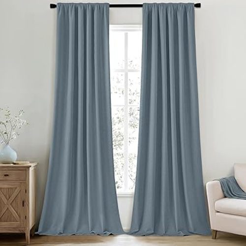 MIULEE 100% Blackout Curtains 90 Inch Long 2 Panels for Bedroom, Thick Black Out Curtain Room Darkening Back Tab Pleat Floor to Ceiling Window Drapes with Hooks for Living Room, Stone Blue