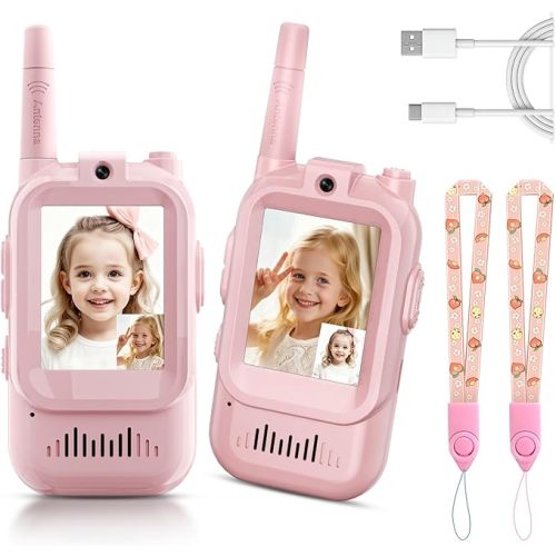 Video Walkie Talkies for Kids, Handheld 2 Pack Rechargeable Video Intercom Kids Walkies Talkies, Indoor Outdoor Toys for Family Games, Outside, Camping, Hiking for Boys Girls Ages 3-12 (Pink/Pink)