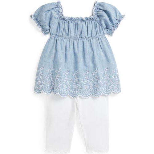 Embroidered Cotton Chambray Top & Leggings Set, 3M