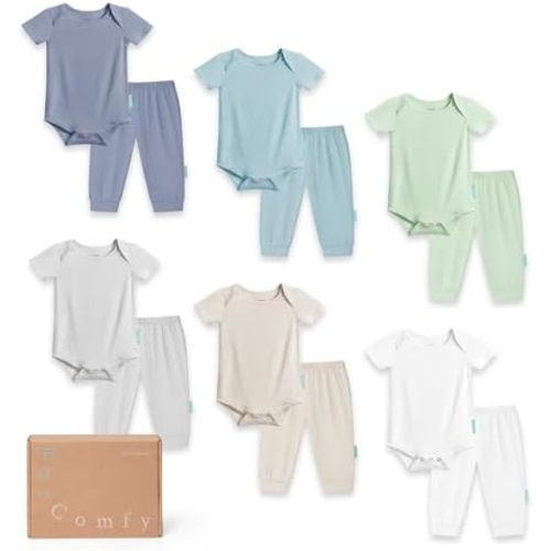 PurComfy Baby Bodysuits and Pants Set, 12-Piece Bamboo Viscose Unisex Baby Outfit, Matching Neutral Baby Clothes for 0-24M