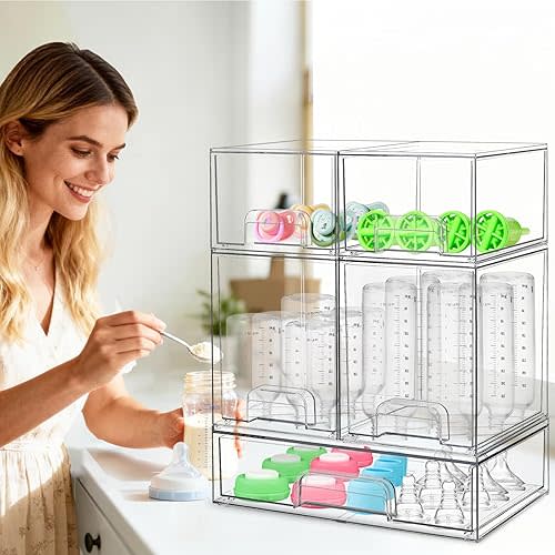 Baby Bottle Organizer for Countertop Cabinet, 5 Pack Space-Saving Stackable Container with Drawer and Handle, Clear Baby Organizers and Storage for Bottles, Pacifiers, Pump Parts