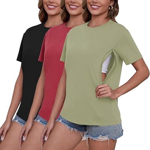 Ecavus Women's 3-Pack Nursing Shirts for Breastfeeding with Hidden Zippers Loose Fit Maternity Tops