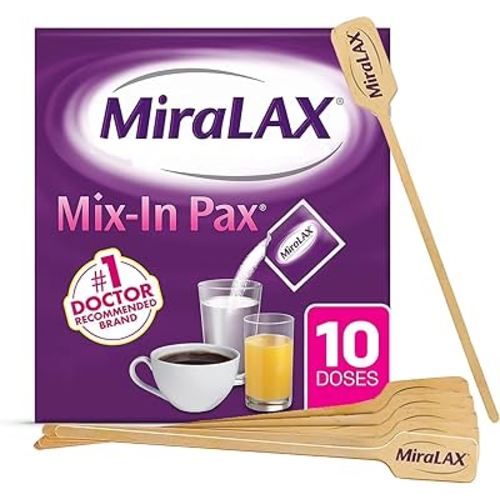MiraLAX Gentle Constipation Relief Laxative Powder, Stool Softener with PEG 3350, No Harsh Side Effects, Single Dose Mix-In Pax with Mixing Stirrers, Travel Pack, 10 Dose