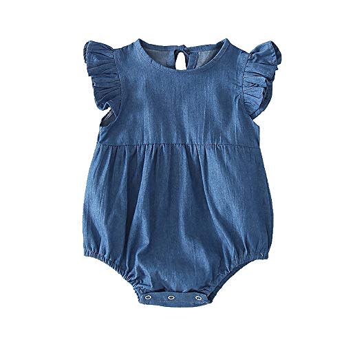 Baby Girl Loose Fit Chambray Romper Toddler Ruffle Sleeve Bodysuit Soft Cotton Denim Look One-Piece Outfit