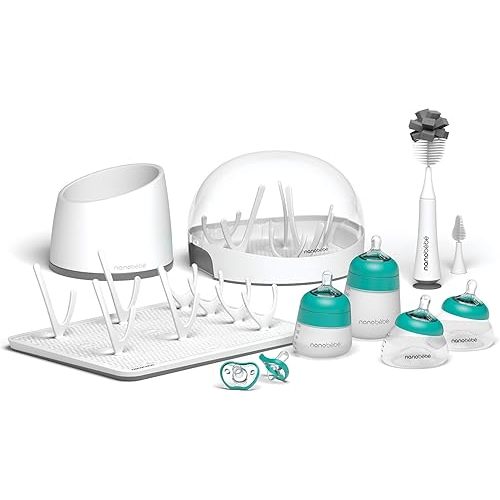 Nanobebe Breastmilk and Silicone Baby Bottle Ultimate Set Gen 2, 5oz and 9oz - with Sterilizer, Drying Rack, Anti-Colic Nipples, Pacifiers, and Warmer - Teal/Grey