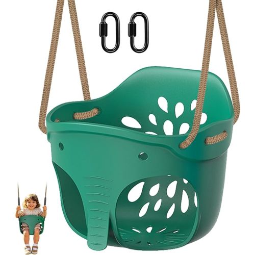 SELEWARE High Back Full Bucket Toddler Swing Seat, Heavy Duty Toddler Swing Set Accessories, Soft Plastic Elephant Baby Swing with Adjustable Rope & Locking Carabiners for Outdoor Playground, Green