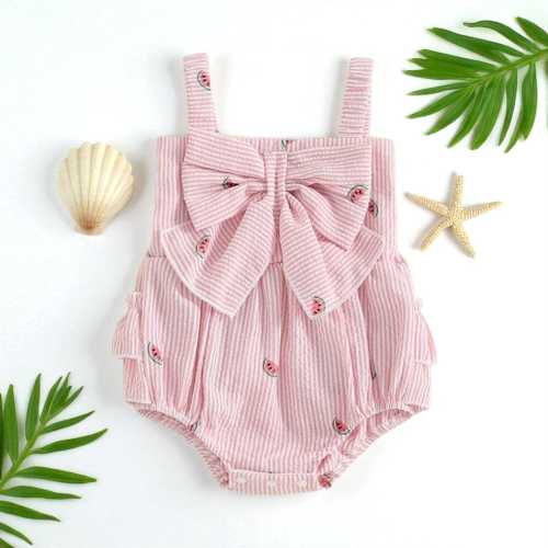 Baby Girls Summer Big Bow Romper, Baby Watermelon Striped Sleeveless Jumpsuit, Fashion Cute Baby Clothes, Baby Photoshoot Outfits