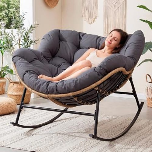 Royal Rocking Papasan Chair Indoor Outdoor, Cushioned Patio Egg Rocking Chair, Oversized Rattan Lounge Rocker, 450 lbs Heavy Duty Comfy Glider for Outside Balcony Lawn Porch, Dark Grey