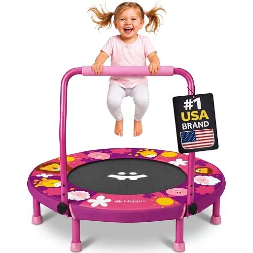 Happin® 36'' Toddler Trampoline Indoor, Foldable Mini Trampoline for Kids Ages 2-6, ASTM Certified, Adjustable Handle, Safety Pad for Indoor & Outdoor, Baby Trampolines, for Boy & Girl