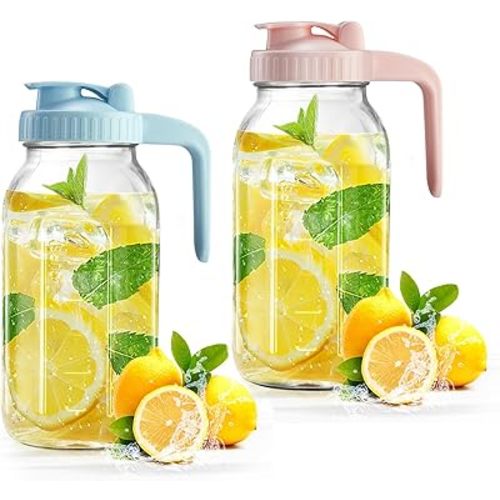 2 Pack Mason Jar with Pour Spout Lid V-shaped, 2 Quart Iced Tea Pitcher Double Leak Proof, 64 oz Drink Pitcher for Breastmilk, Sun Tea, Juice, Coffee Creamer, Formula Pitche