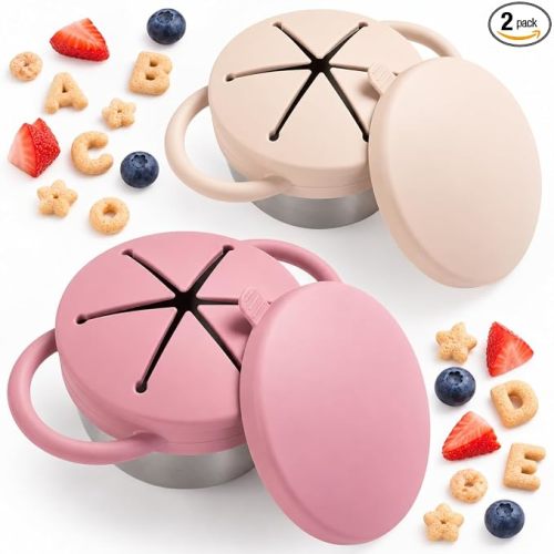 Bufilea 2 Pack Snack Containers for Toddlers, Stainless Steel Toddler Snack Cups with Silicone Food Catcher & Lids,Snack Cups for toddlers Spill Proof