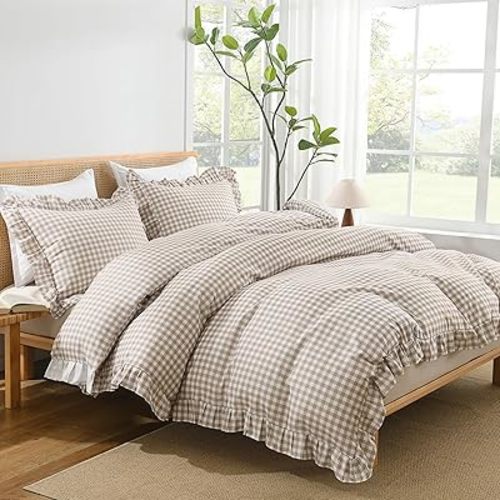 Andency Gingham Duvet Cover King, Tan Brown Ruffle Farmhouse Shabby Chic Duvet Cover, 3 Pieces Soft Pre-Washed Polyester Duvet Cover Set with Zipper Closure & Corner Ties, 104x90Inch