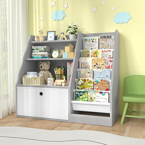 TOETOL Kids Bookshelf,Book Storage Organizer,6 Sling Toddler Wooden Book Shelf,3-Tier Kids Bookcase for Bedroom,Livingroom,Playroom,Nursery-Grey