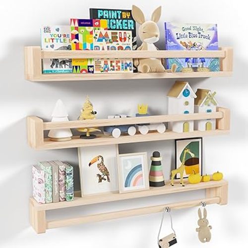 Nursery Floating Shelves, Wood Nursery Book Shelves for Wall, 32 inch Wall Bookshelf for Kids Solid Wood Wall Mounted Shelves for Books,Toys and Decor Storage, Set of 3