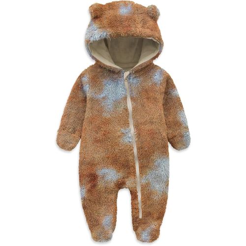Jimonda Baby Tie Dye Snowsuit Winter Fleece Jumpsuit 0-18 Months, 100% Polyester Hooded Romper with Bear Ears for Infant