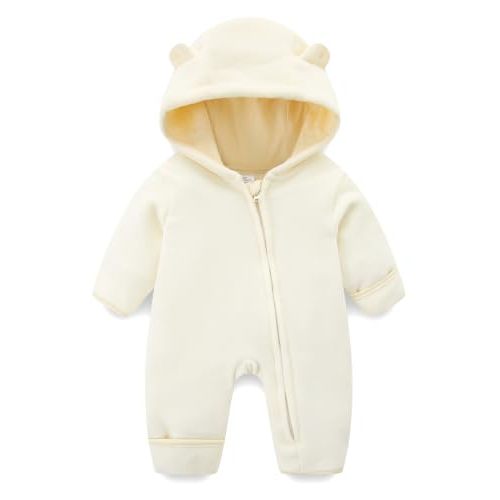 Newborn Baby Bear Onesie Winter Snowsuit With Fold-over Mittens & Footies Zip Up Baby Fleece Jumpsuit 0-18M