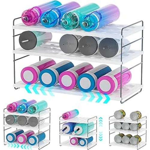 Water Bottle Organizer for Cabinet, Expandable Height Adjustable 3-Shelf Plastic Water Bottle Storage for Kitchen,Countertop,Pantry(White)