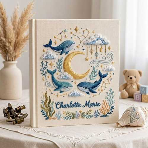 Hand Embroidered Baby Photo Album, Personalized Baby Memory Book, Custom Baby Name Album, Whale Moon Nursery Gift, Baby Shower Gift