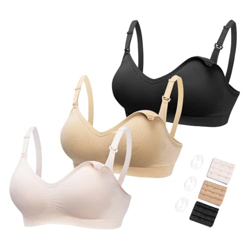 HOFISH Maternity Nursing Bras for Breastfeeding, 3 Pack Pregnancy Deep V Neck Wireless Bra with Extenders & Clips