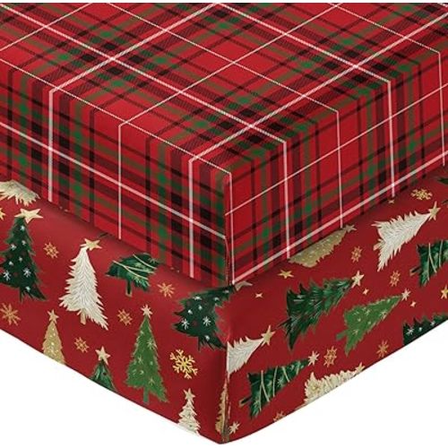 Horaldaily 2 Pack Fitted Crib Sheet for Boys Girls,Christmas Soft Breathable Washable Jersey Microfiber Baby Crib Sheet, Fits Standard Size Crib Mattress 28in x 52in, Trees Nursery Sheet Red/Red