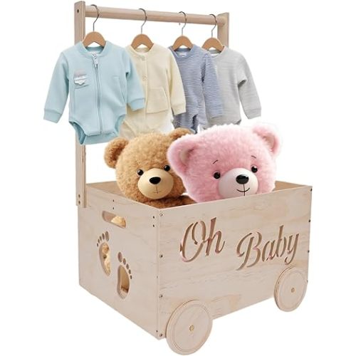 Baby Shower Gifts Baskets, Wooden Baby Closet Gifting for Newborn Boys and Girls, Wood Crate Box with Handle and Wheels, Personalized Cute Babyshower Decorations Basket for New Born