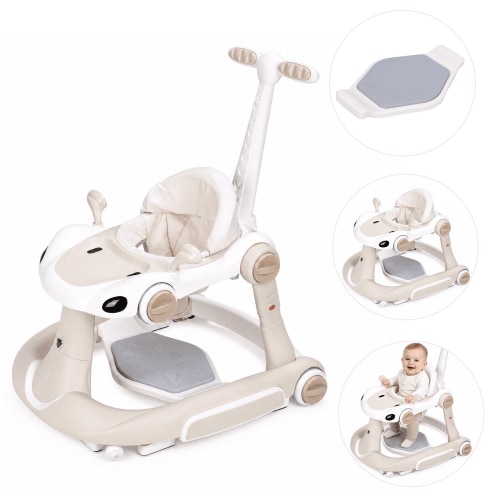 5-In-1 Baby Walker with Wheels,Music,Light, Heights Adjustable,Foldable Walker for Boys Girls 6-18 Months,Beige