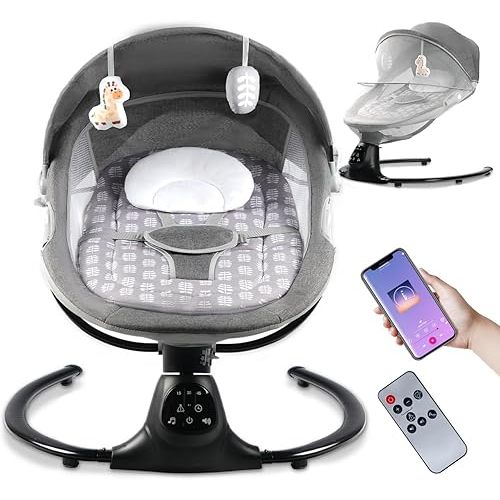 Baby Swing for Infants to Toddler, Baby Swing with 5 Point Harness, Support Music Playback, 5 Sway Speed, Electric Swing for Baby with Remote Control, Indoor & Outdoor Use (Gray)