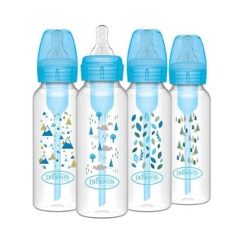 Dr. Brown's Anti-Colic Options+ Narrow Baby Bottle, Blue Nature, 8 oz/250 mL, with Level 1 Slow Flow Nipple, 0m+, 4-Pack