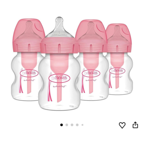 Dr. Brown's Natural Flow Anti-Colic Options+ Wide-Neck Baby Bottles 5 oz/150 mL,with Level 1 Slow Flow Nipple, Pink 4 Pack, 0m+