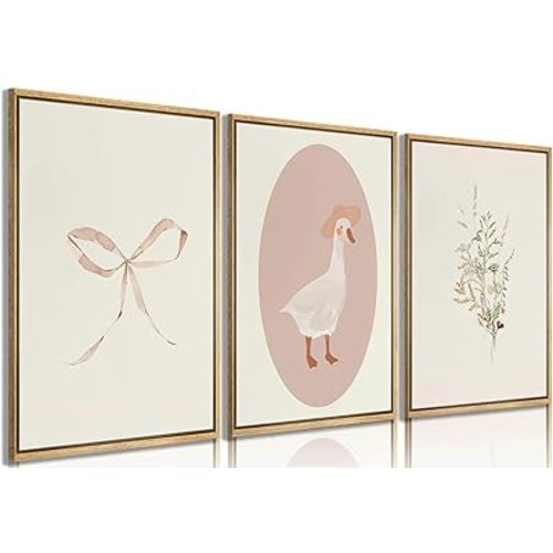3Pcs Girls Nursery Wall Art Vintage Goose Wall Decor Pictures Pink Bow Poster Prints Kids Room Painting Artwork for Girls Room Bedroom Living Room Home Decoration,12x16in
