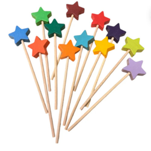 12 Pcs Wooden Star Wand Set In Rainbow And Natural Colors